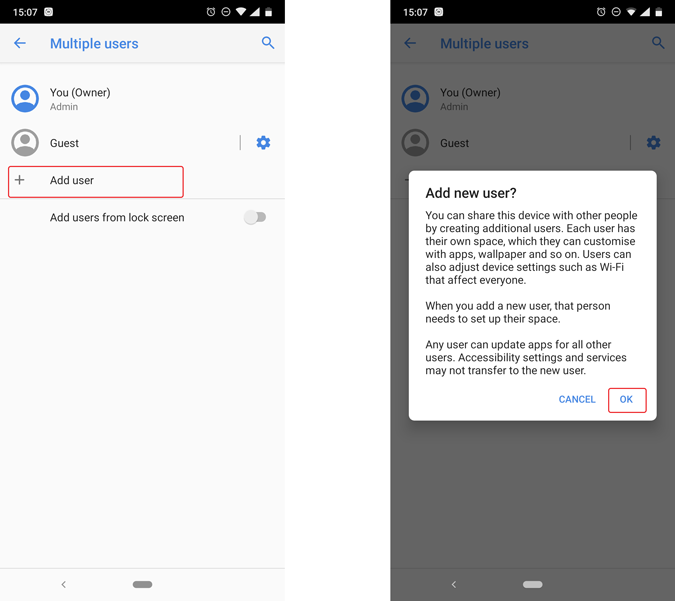 creating a new user access account in android beside guest mode