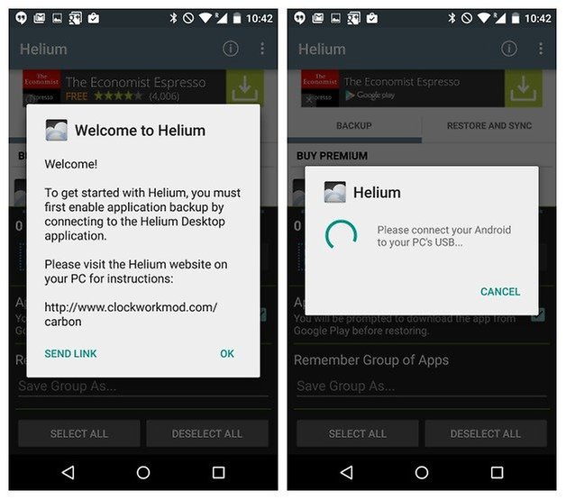 launch helium to backup android app data without root
