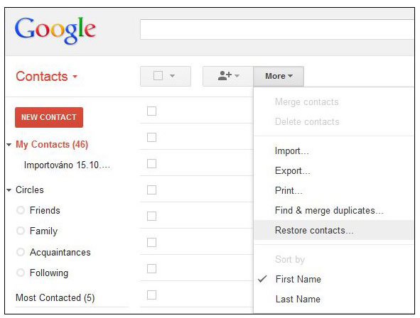 how do i restore contacts from gmail