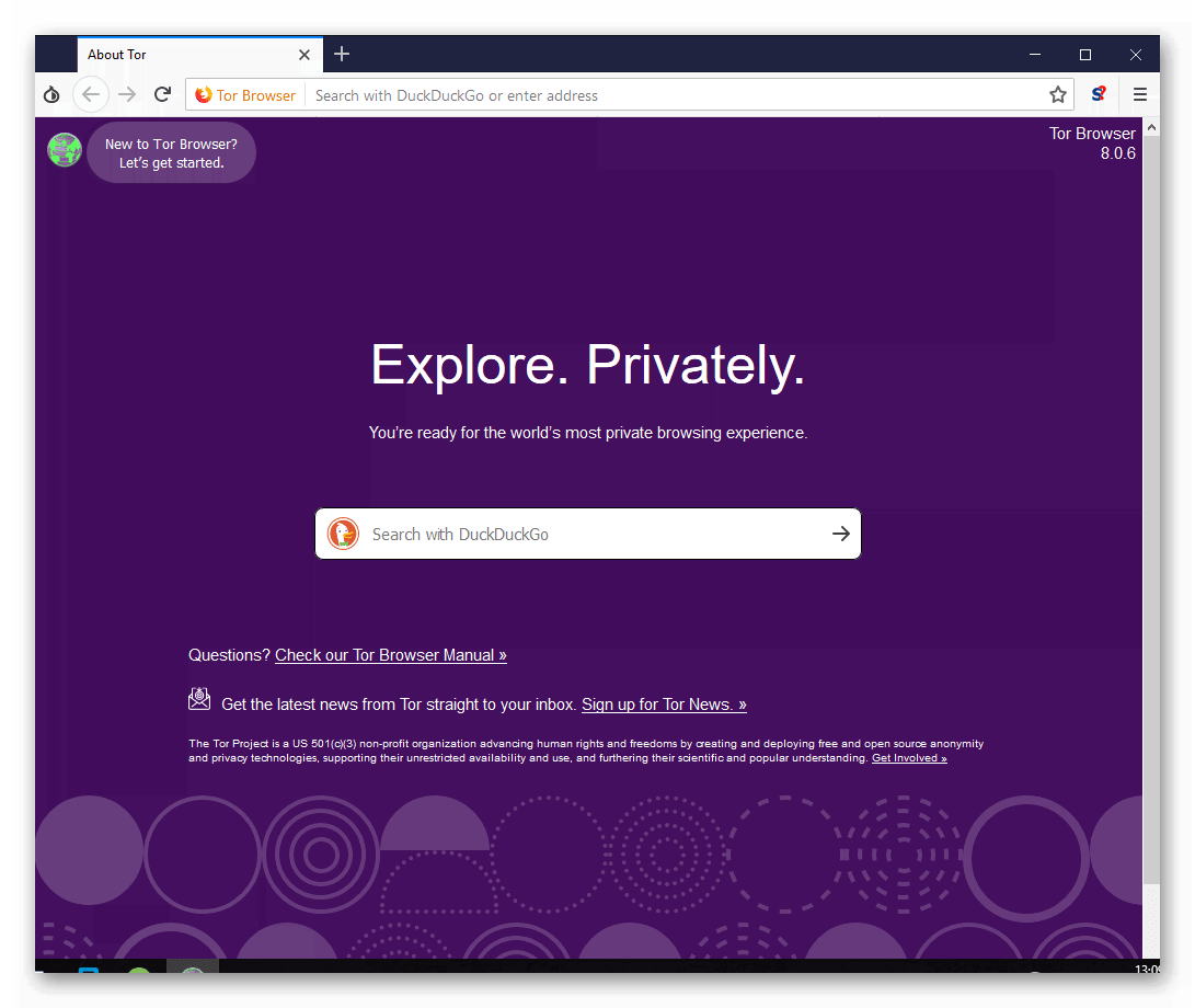 Общий вид начальной страницы Tor Browser для Windows 10