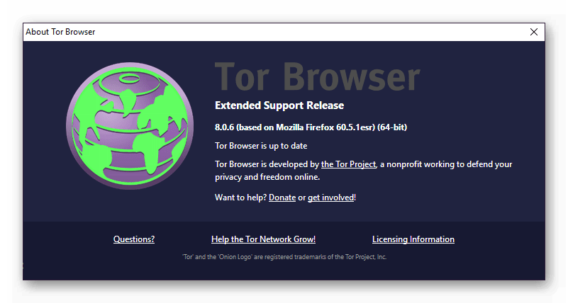 Окно About в Tor Browser