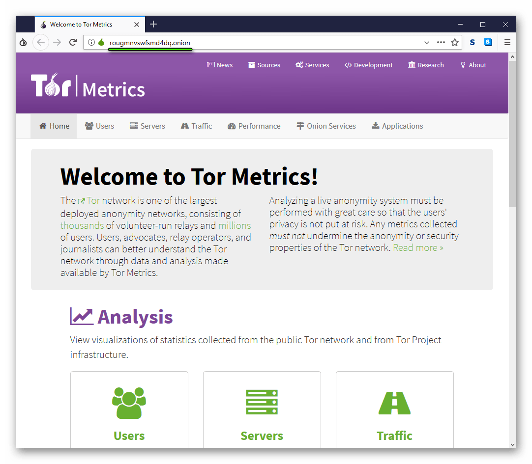 Сайт Tor Metrics в Tor Browser