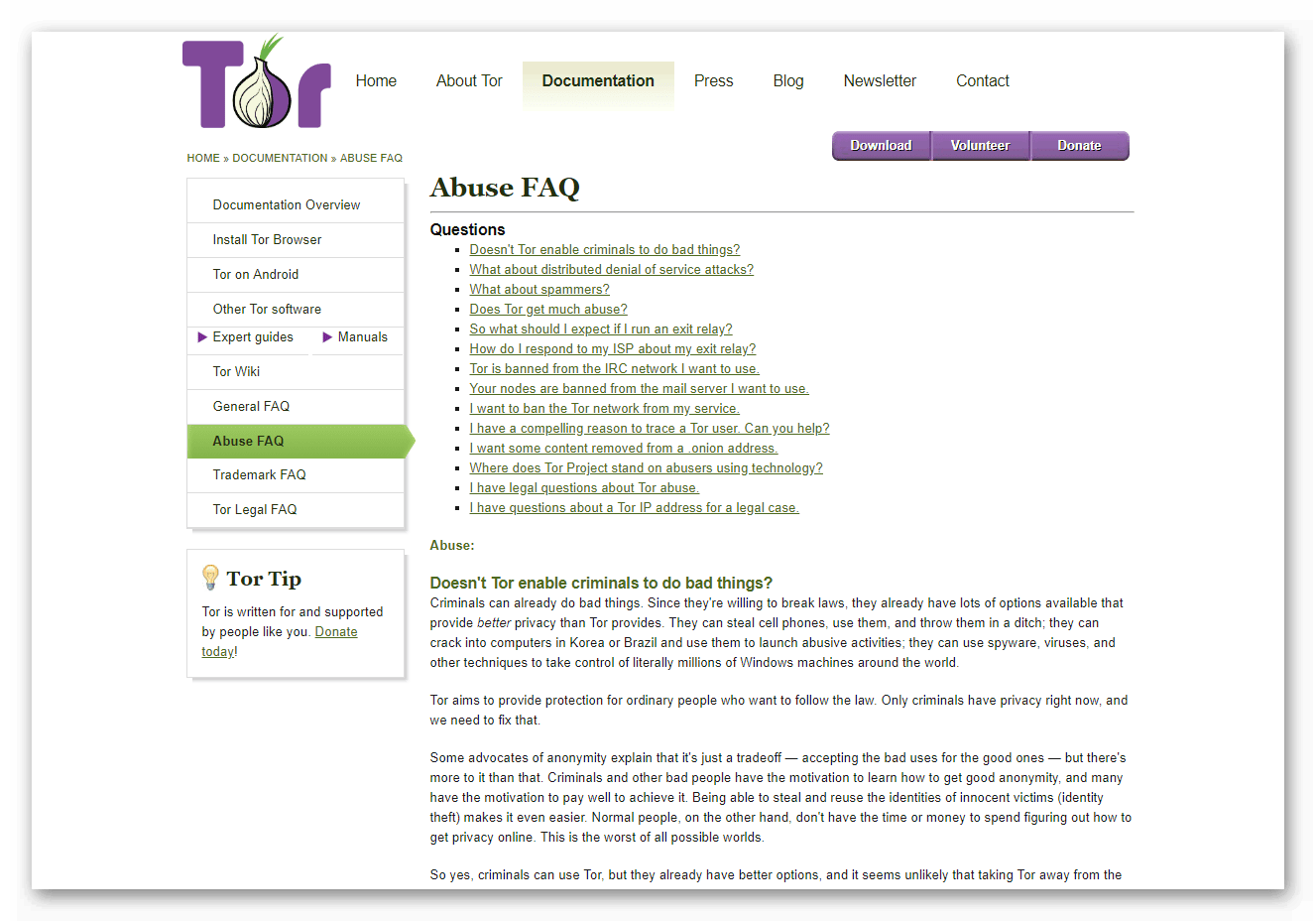 Страница Abuse FAQ на сайте Tor Browser