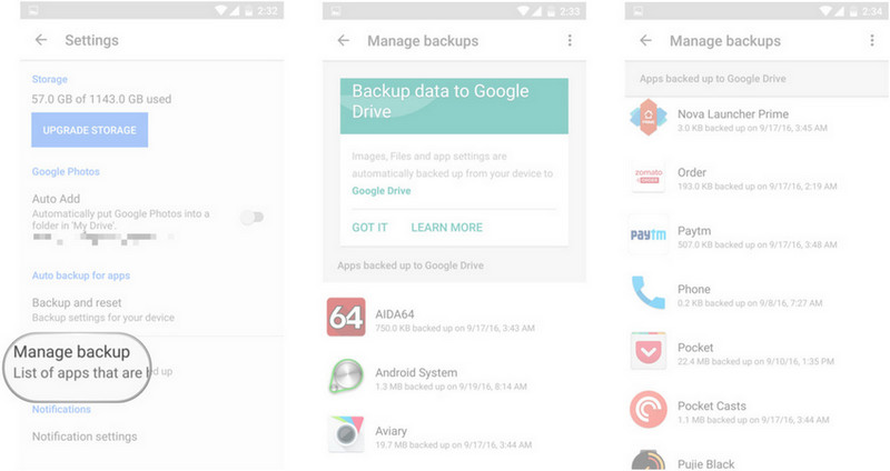 manage android google backup