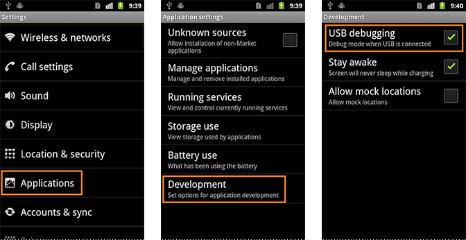 Enable USB Debugging for Android 2.0-2.3.x