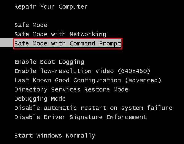 boot from safe mode with command prompt