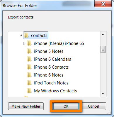 Select the destination folder on your PC for your contacts