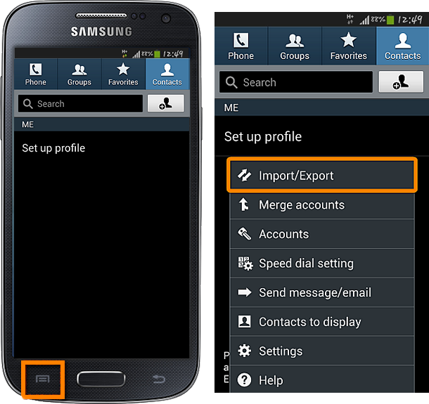 android menu button import/export contacts