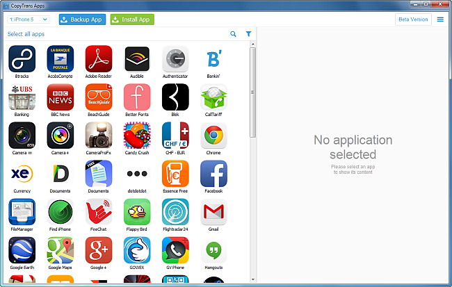 main copytrans apps window listing iphone apps