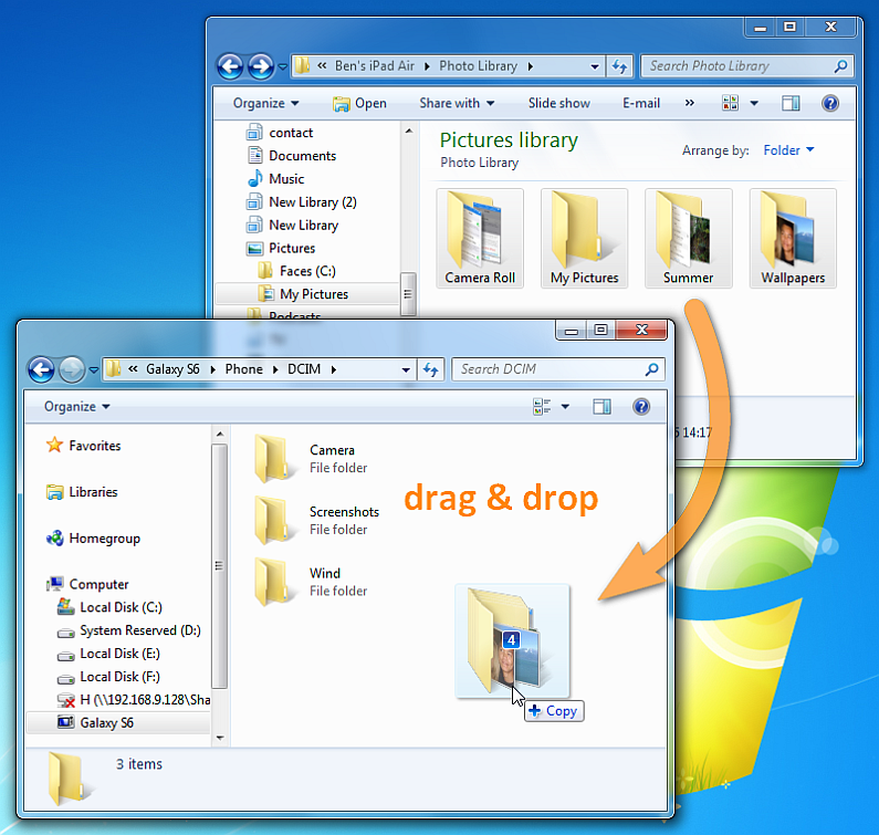 drag and drop photos from PC to android phone