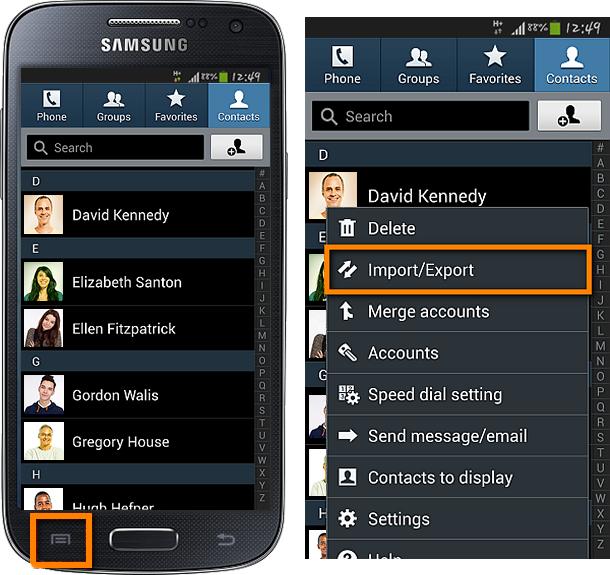 contacts import export menu on android phone