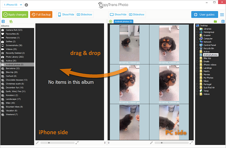 drag and drop pc photos to iphone in copytrans window