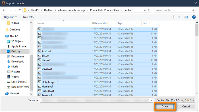Select all vcf files to import contacts