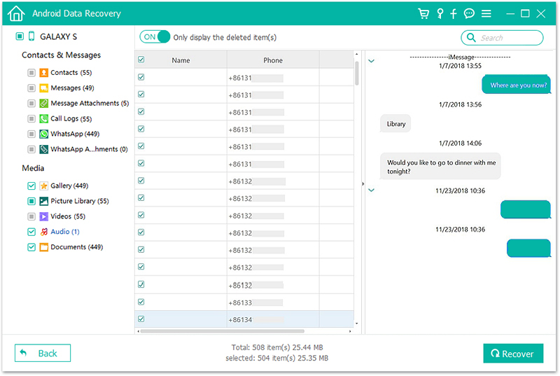 FL Android Data Recovery Result Messages