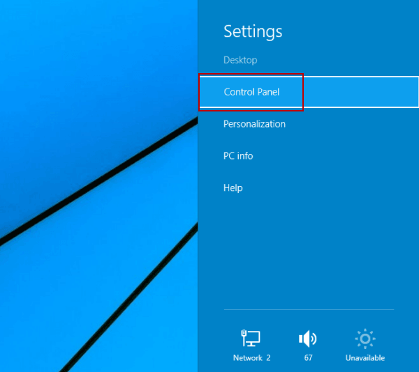 select control panel on settings