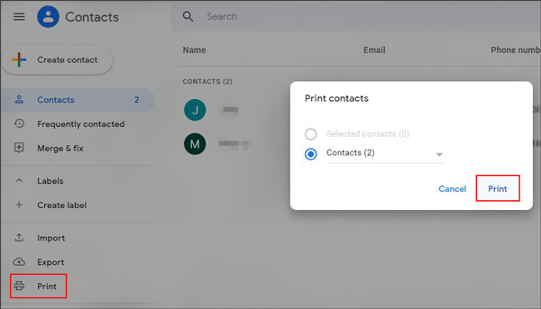 print contact list from android phone with google contacts