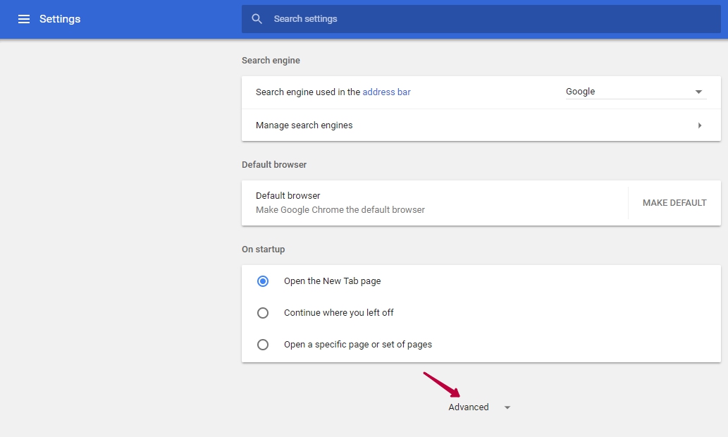 Choose advanced settings in Google Chrome