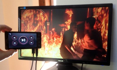 Motorola Droid connected to the TV via a micro HDMI cable